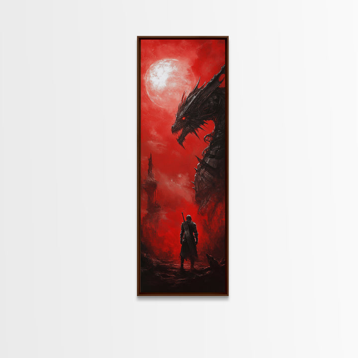 Black Dragon Red Moon Wall Art, Dark Fantasy Canvas Print, Gothic Warrior Decor, Medieval Monster Living Room Artwork Gift