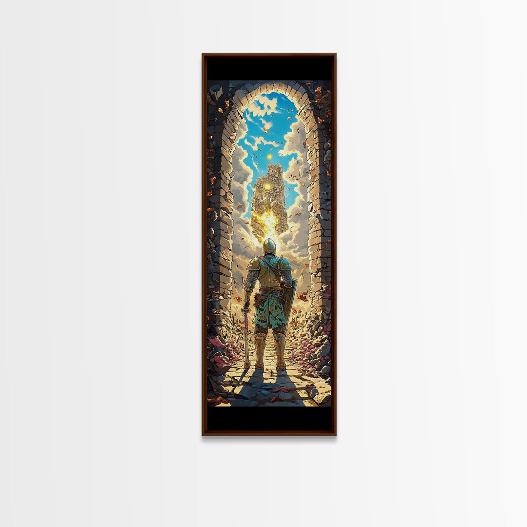 Knight At Golden Portal Framed Canvas Print, Fantasy Castle Wall Art, Medieval Adventure Decor, Magical Entryway Artwork
