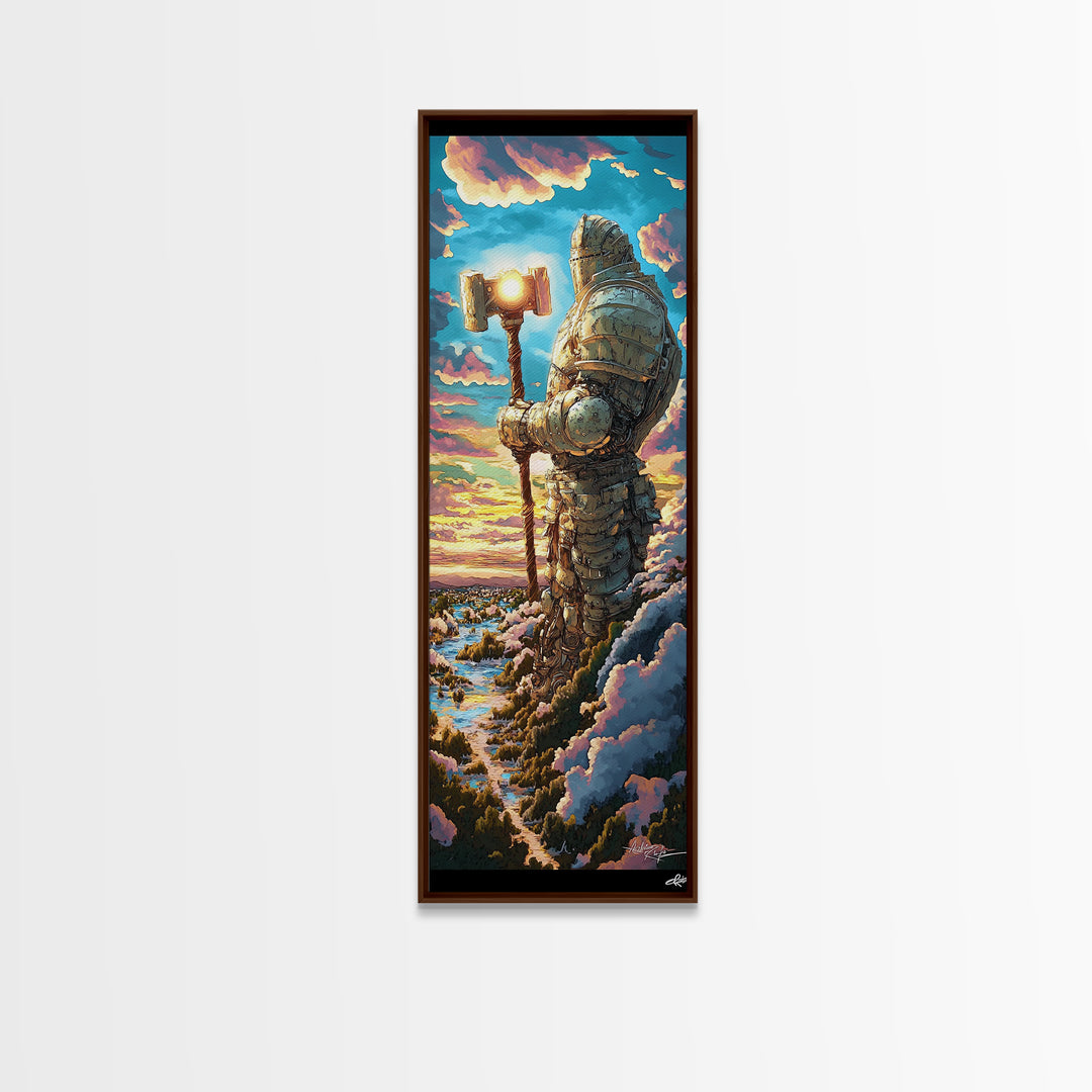 Colossal Stone Knight Canvas Print, Epic Fantasy Guardian Wall Art, Medieval Statue Decor, Sunset Mountain Statement Art