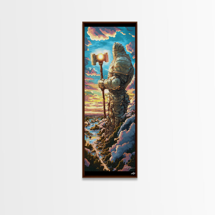 Colossal Stone Knight Canvas Print, Epic Fantasy Guardian Wall Art, Medieval Statue Decor, Sunset Mountain Statement Art
