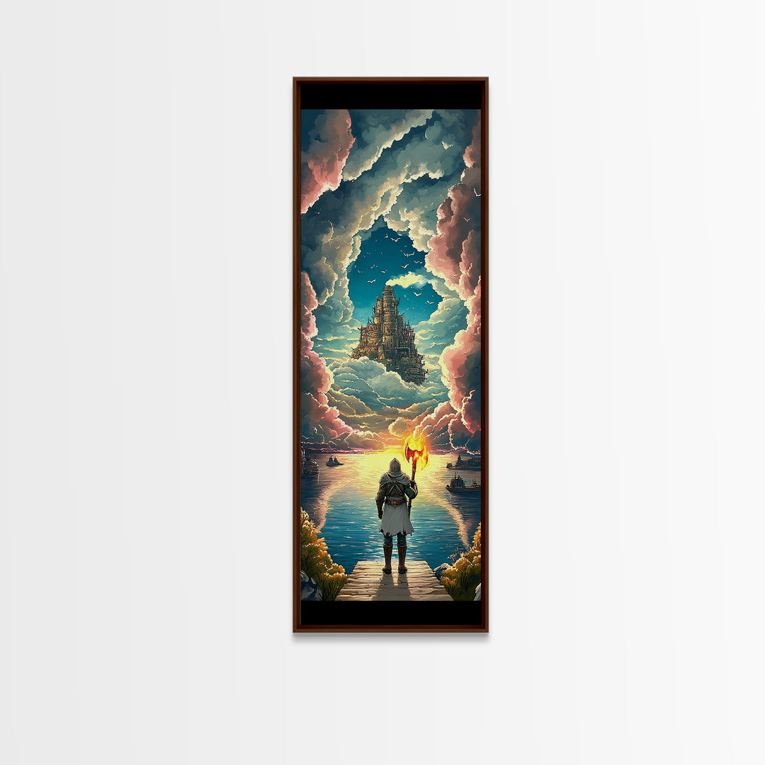 Torch Bearer Floating Castle Canvas Print, Fantasy Sky Portal Wall Art, Medieval Adventure Decor, Magical Lake Artwork Gift