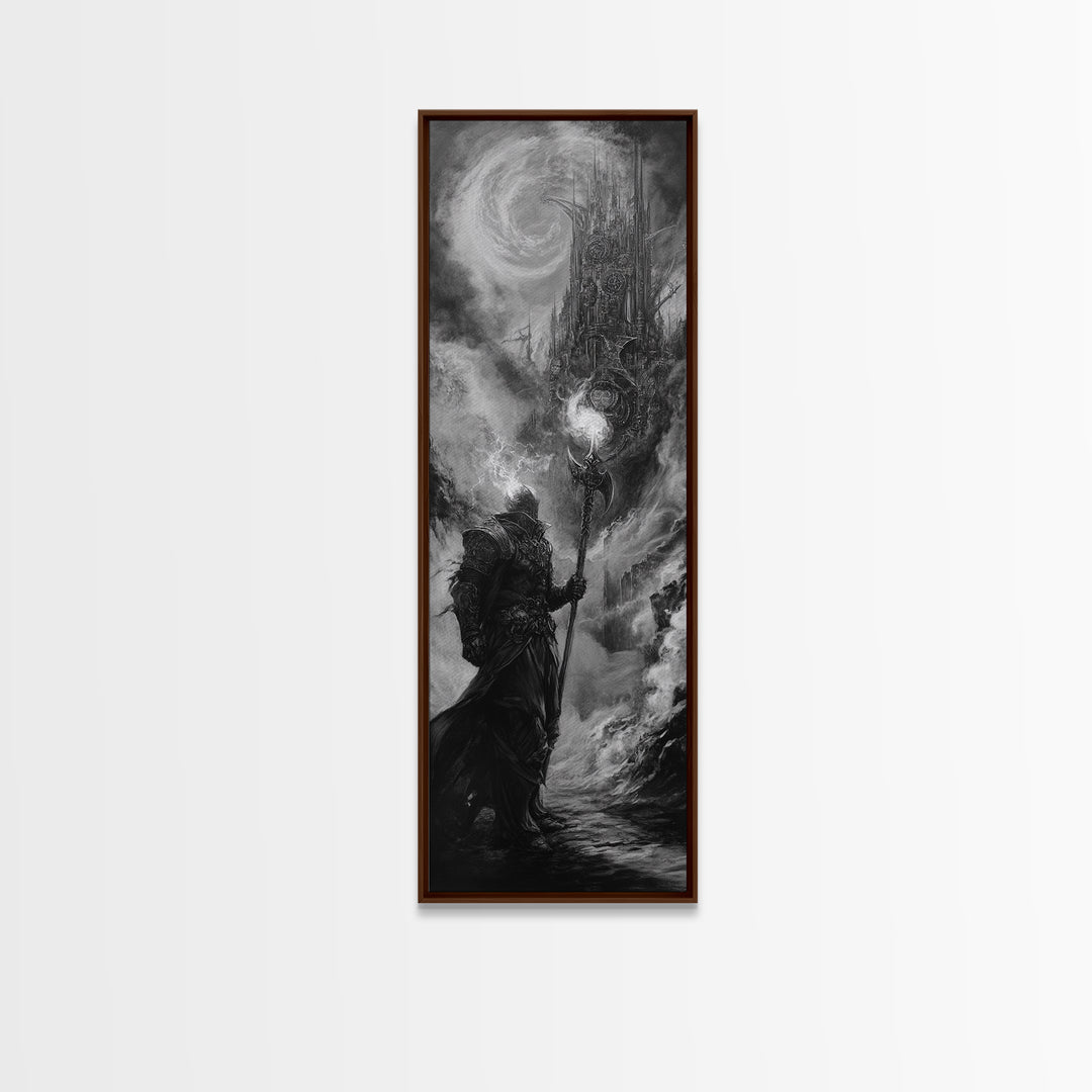 Storm Wizard And Dark Citadel Wall Art, Black And White Fantasy Canvas Print, Gothic Sorcerer Decor, Medieval Office Art