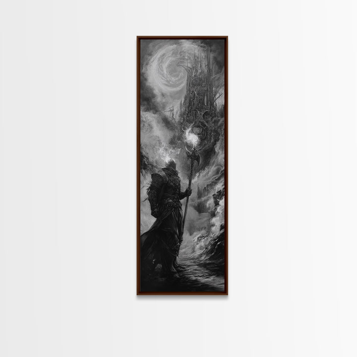 Storm Wizard And Dark Citadel Wall Art, Black And White Fantasy Canvas Print, Gothic Sorcerer Decor, Medieval Office Art