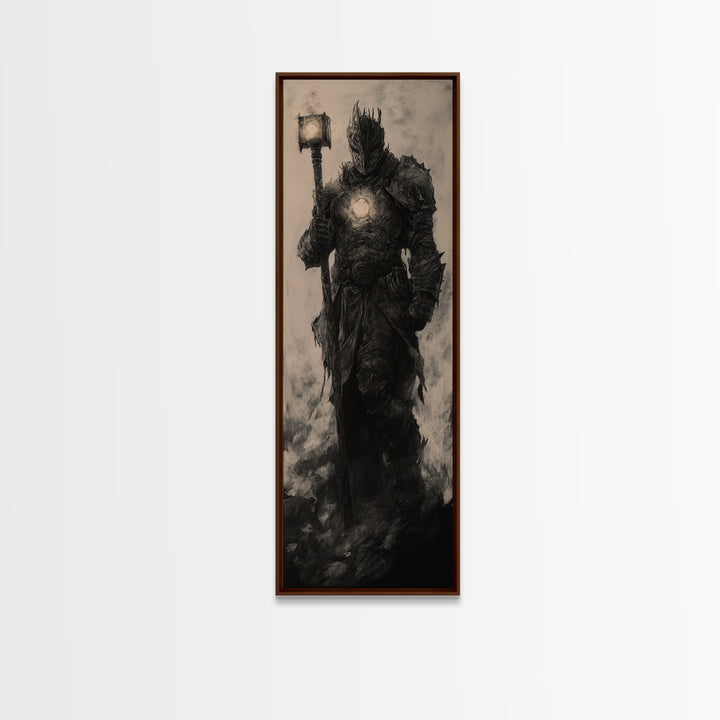 Dark Armored Knight With Glowing Lantern, Gothic Fantasy Wall Art, Black And White Medieval Canvas, Dark Academia Decor Print