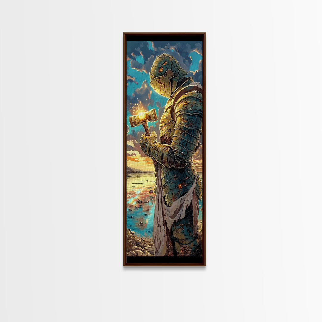 Sunset Templar Knight Holding Glowing Hammer, Fantasy Framed Canvas Print, Medieval Coastal Wall Decor, Gift For Him, Living Room Art