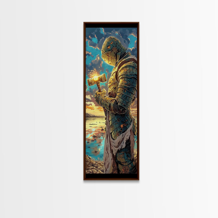 Sunset Templar Knight Holding Glowing Hammer, Fantasy Framed Canvas Print, Medieval Coastal Wall Decor, Gift For Him, Living Room Art