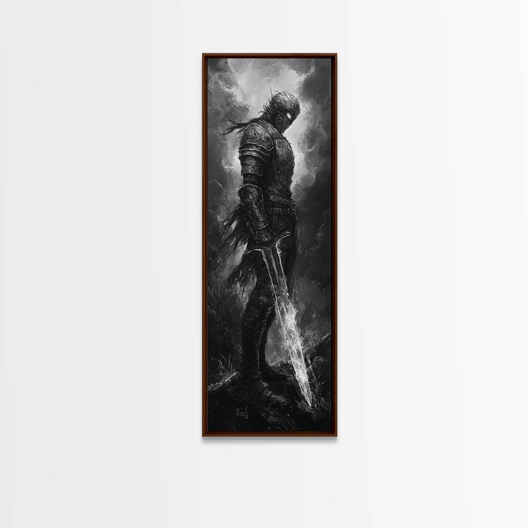 Storm Worn Dark Knight With Lightning Sword, Black And White Canvas Print, Gothic Fantasy Wall Art, Moody Medieval Decor