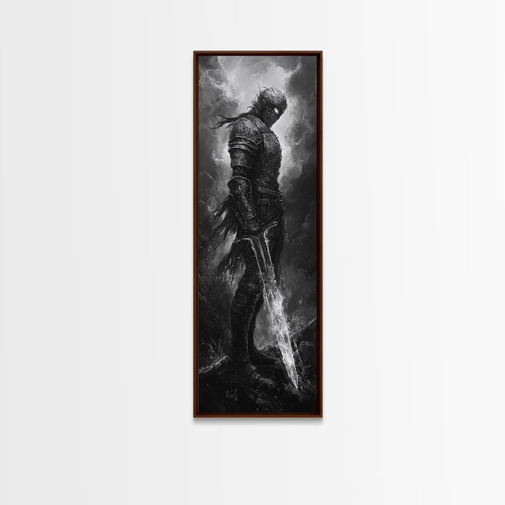 Storm Worn Dark Knight With Lightning Sword, Black And White Canvas Print, Gothic Fantasy Wall Art, Moody Medieval Decor