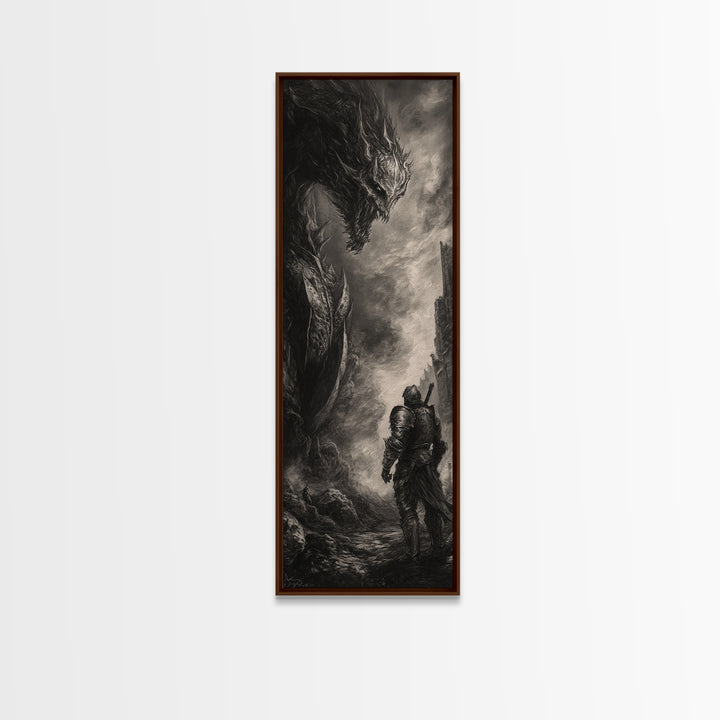 Lone Knight Facing Ancient Dragon In Ruins, Dark Fantasy Wall Art, Black And White Medieval Canvas, Gothic Office Decor Print