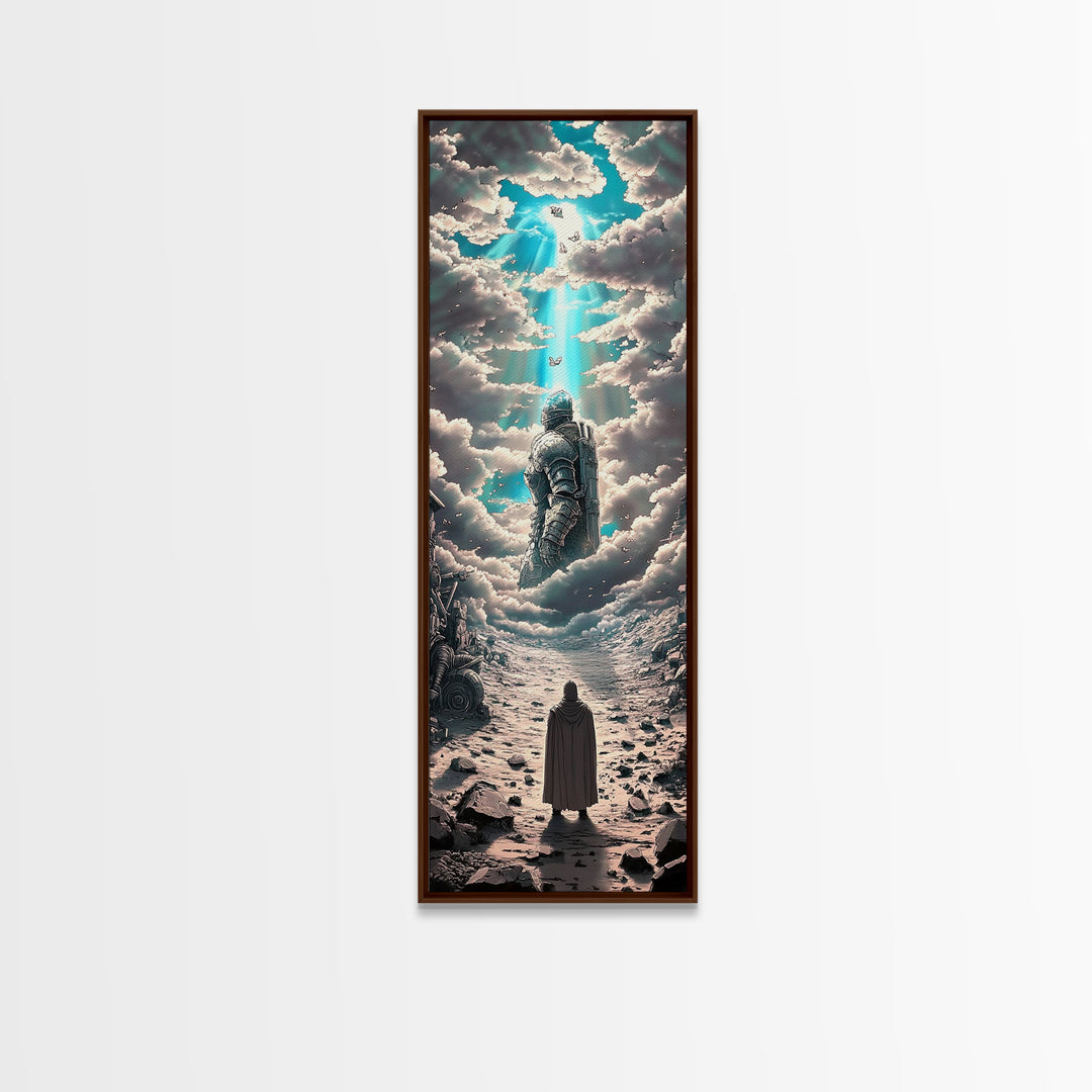 Floating Armored Knight Ascending Through Clouds, Celestial Fantasy Framed Canvas Print, Surreal Wall Art, Dreamy Room Decor