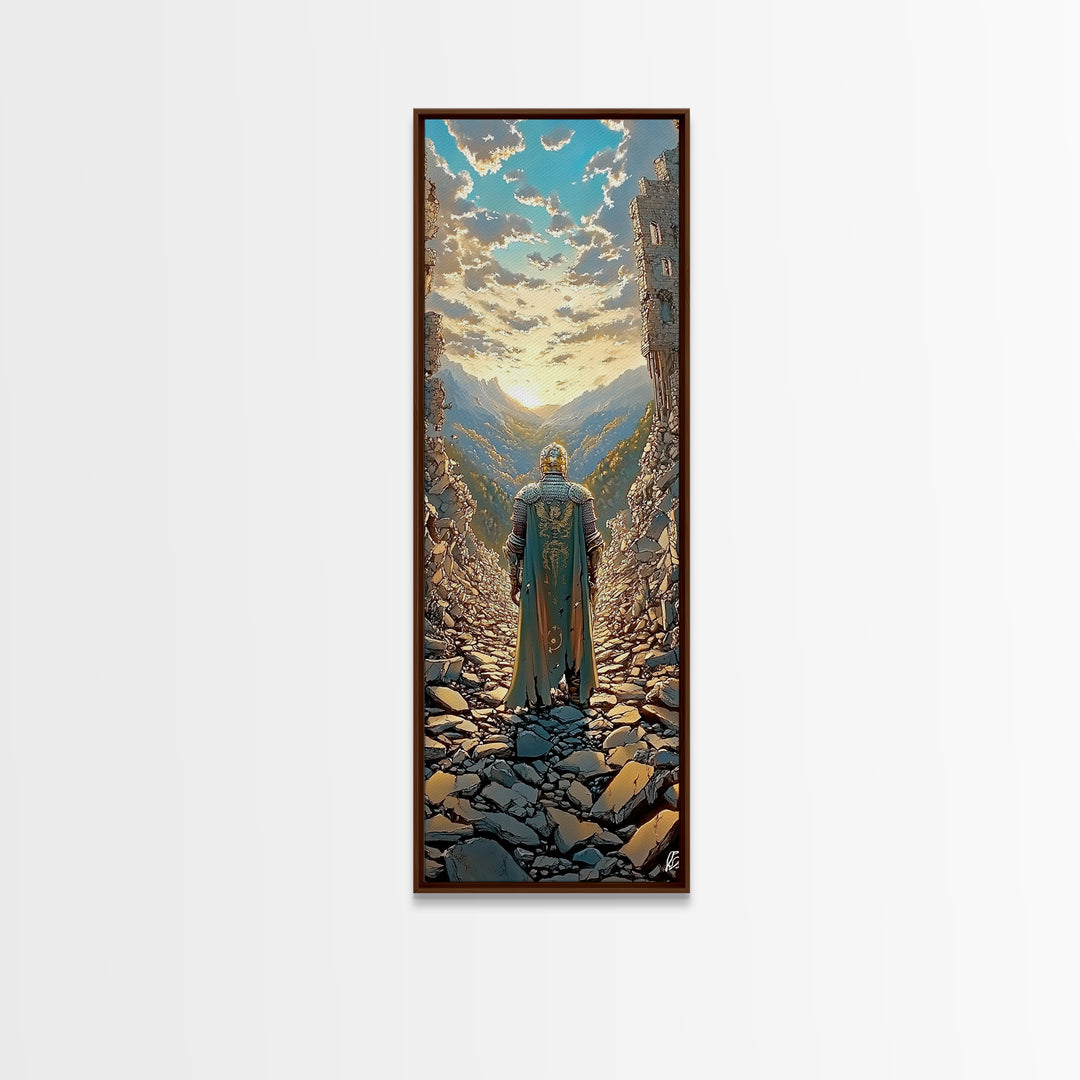 Knight Overlooking Golden Mountain Valley, Medieval Fantasy Canvas Print, Landscape Wall Art, Adventure Home Decor Gift For Him