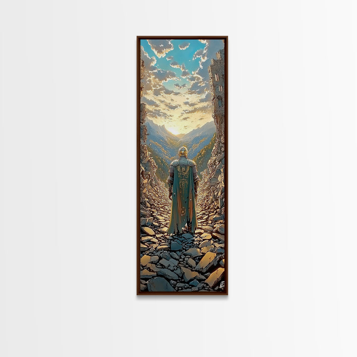 Knight Overlooking Golden Mountain Valley, Medieval Fantasy Canvas Print, Landscape Wall Art, Adventure Home Decor Gift For Him