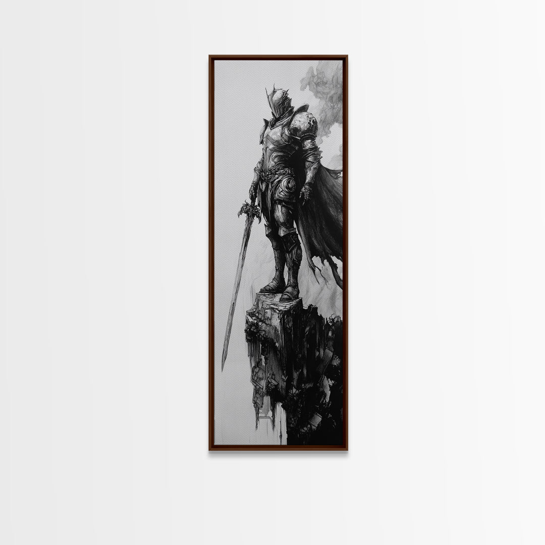 Skeletal Knight On Crumbling Cliff With Long Sword, Black And White Wall Art, Gothic Fantasy Canvas Print, Dark Medieval Decor