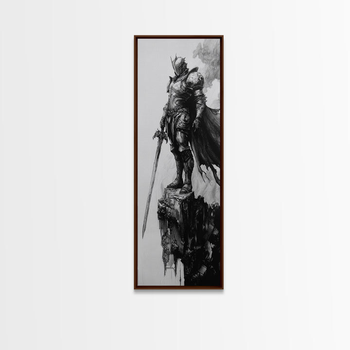 Skeletal Knight On Crumbling Cliff With Long Sword, Black And White Wall Art, Gothic Fantasy Canvas Print, Dark Medieval Decor