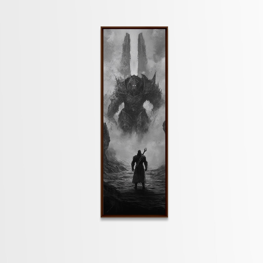Warrior Facing Misty Armored Colossus, Dark Fantasy Wall Art, Black And White Framed Canvas Print, Epic Game Room Decor Gift