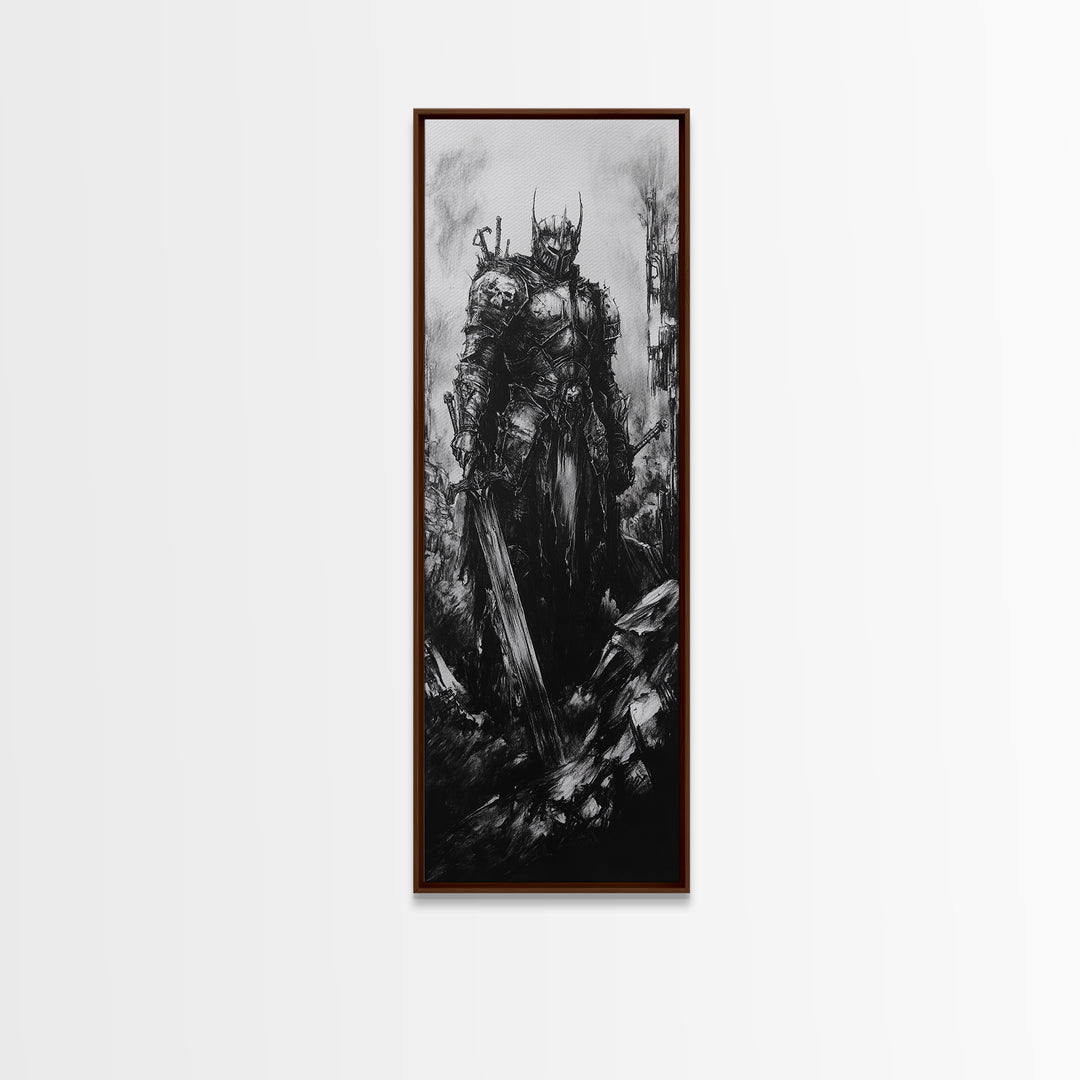 Crowned Dark Knight With Massive Sword In Ruins, Gothic Fantasy Canvas Print, Black And White Wall Art, Dark Academia Decor