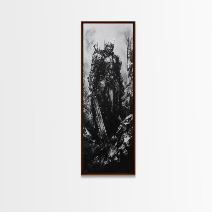 Crowned Dark Knight With Massive Sword In Ruins, Gothic Fantasy Canvas Print, Black And White Wall Art, Dark Academia Decor