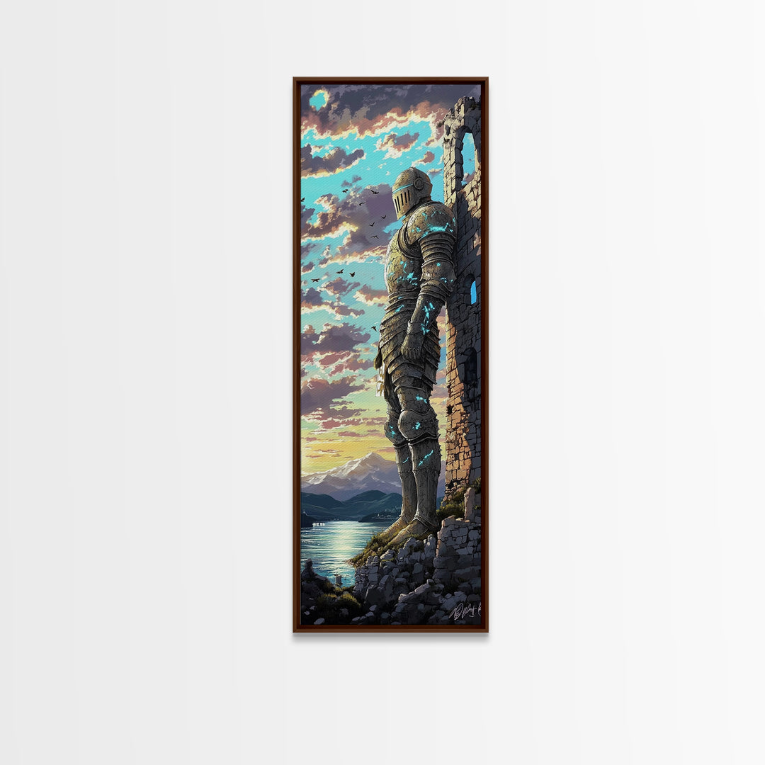 Blue Armored Knight Beside Castle At Lakeside Sunset, Medieval Fantasy Framed Canvas Print, Coastal Wall Art, Home Decor