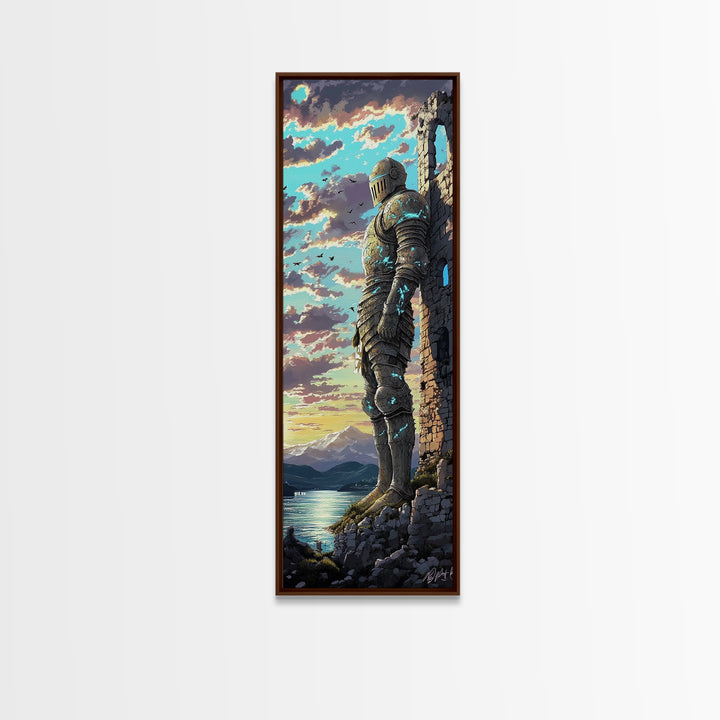 Blue Armored Knight Beside Castle At Lakeside Sunset, Medieval Fantasy Framed Canvas Print, Coastal Wall Art, Home Decor