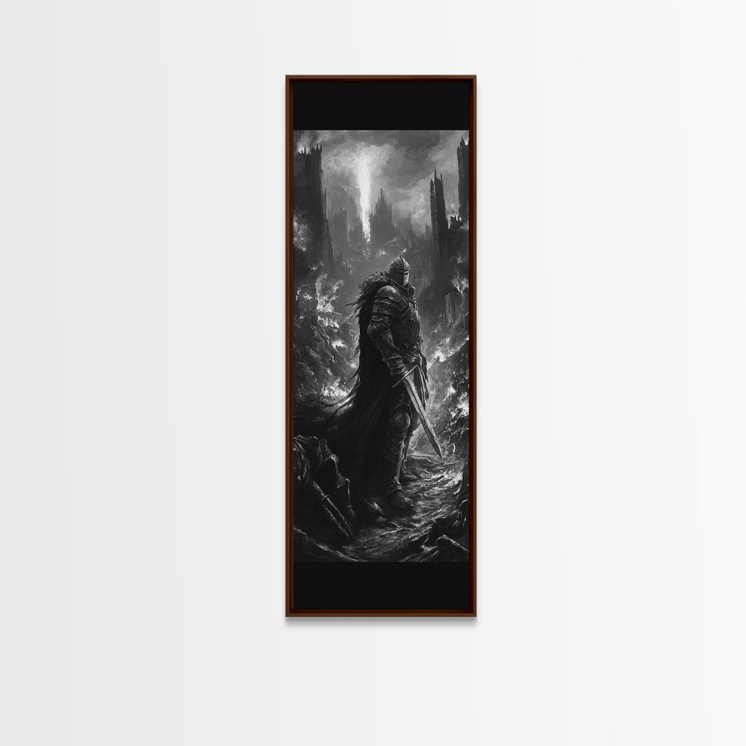 Dark Armored Knight In Ruined Gothic Valley Wall Art, Black And White Fantasy Art, Dark Academia Decor, Gothic Wall Decor