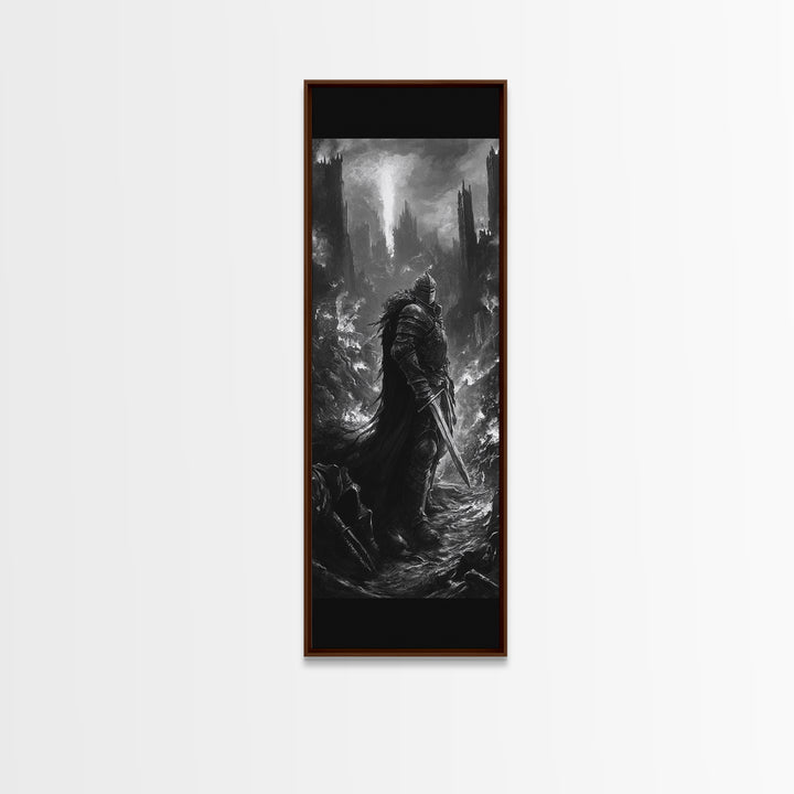 Dark Armored Knight In Ruined Gothic Valley Wall Art, Black And White Fantasy Art, Dark Academia Decor, Gothic Wall Decor