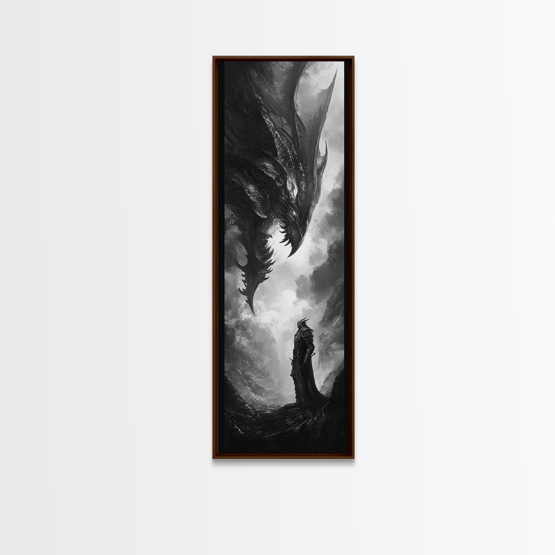 Monochrome Dragon And Lone Knight Wall Art, Dark Fantasy Art Print, Gothic Wall Decor, Black And White Art, Gamer Room Decor