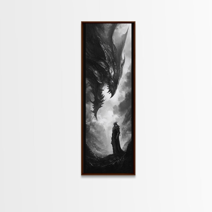 Monochrome Dragon And Lone Knight Wall Art, Dark Fantasy Art Print, Gothic Wall Decor, Black And White Art, Gamer Room Decor