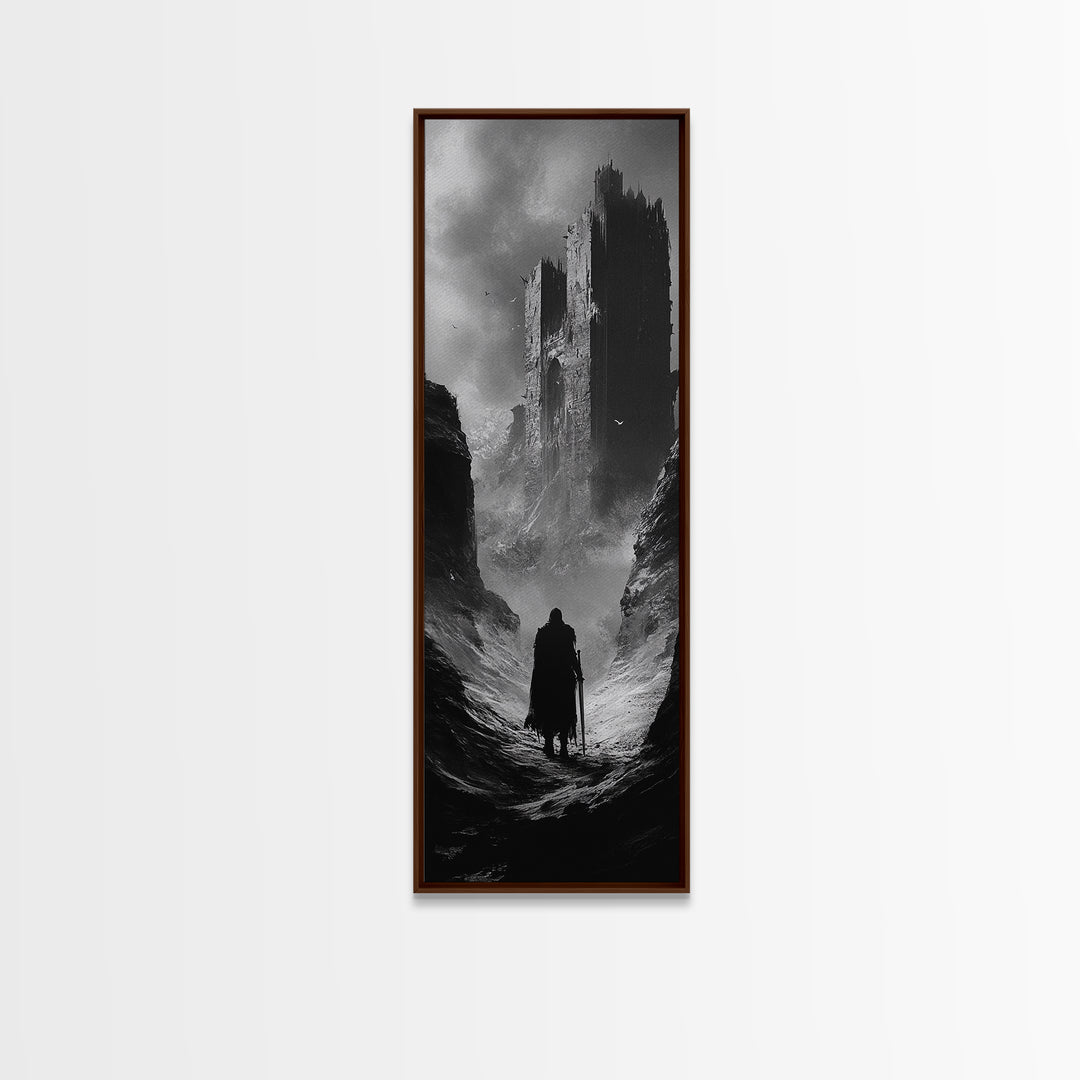 Misty Black Castle Valley With Lone Traveler Wall Art, Dark Academia Decor, Gothic Landscape, Black And White Fantasy Print