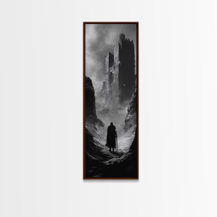 Misty Black Castle Valley With Lone Traveler Wall Art, Dark Academia Decor, Gothic Landscape, Black And White Fantasy Print
