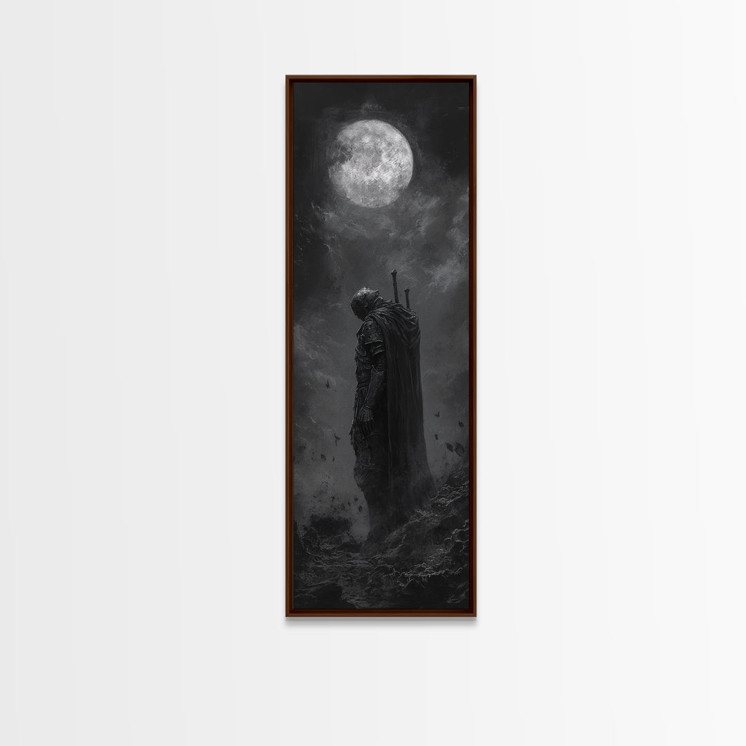 Lone Knight Beneath Full Moon Wall Art, Black And White Fantasy Art, Dark Gothic Decor, Moody Wall Art For Bedroom Canvas Print