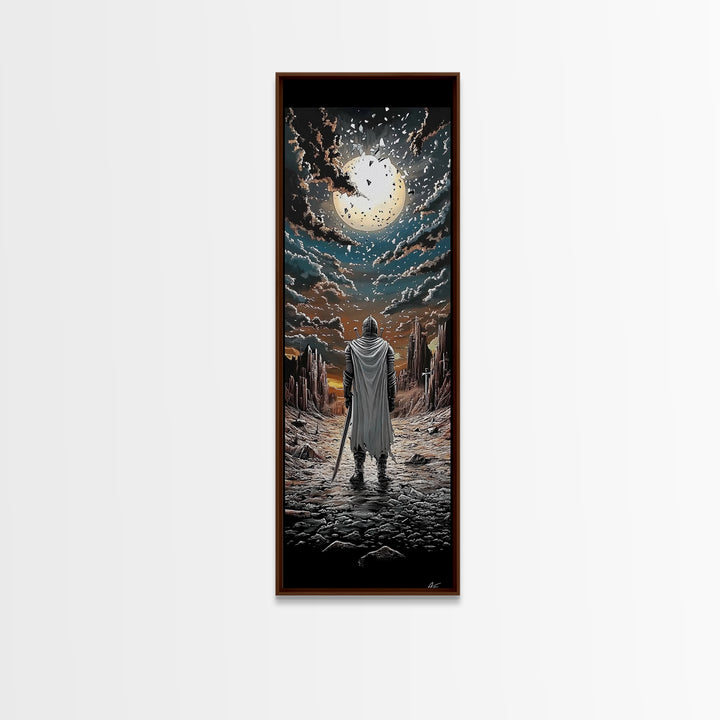 White Cloaked Knight Under Eclipse Moon Canvas Print, Fantasy Wall Art, Dark Landscape Decor, Gamer Room Wall Art Gift For Him