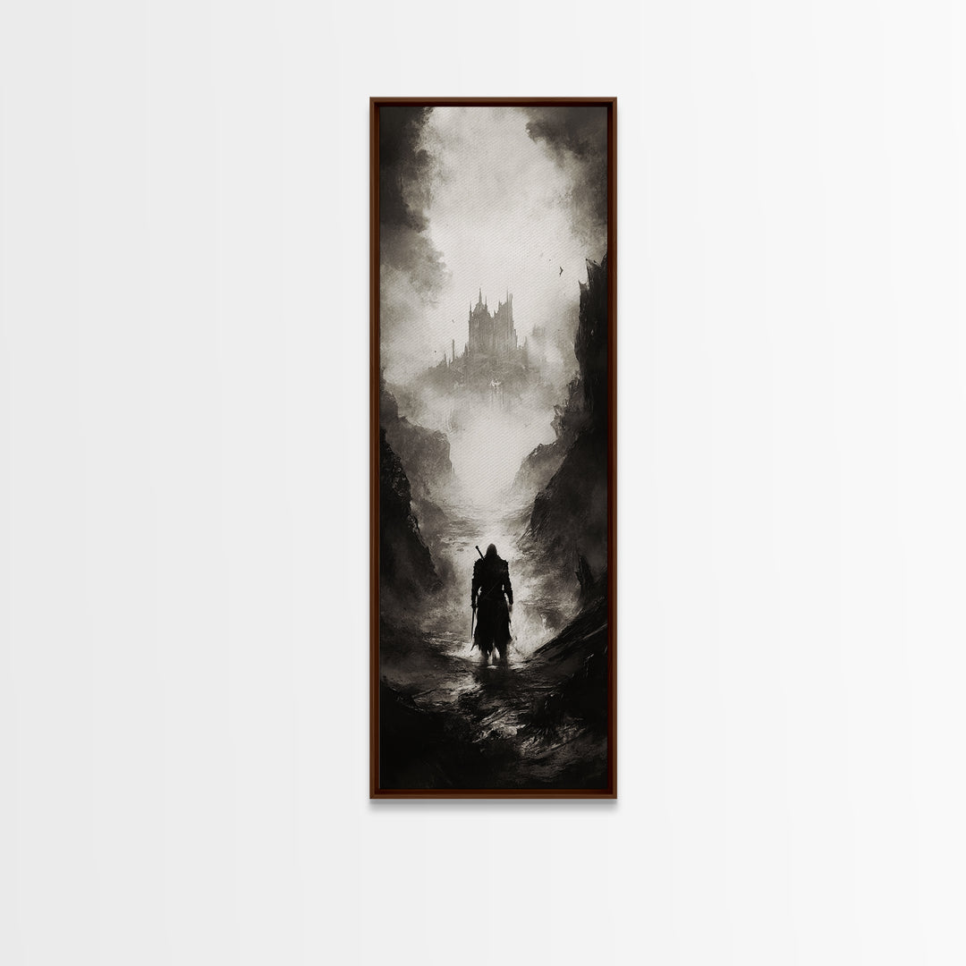 Cloaked Wanderer Approaching Misty Castle Wall Art, Dark Fantasy Print, Gothic Wall Decor, Black And White Landscape Art