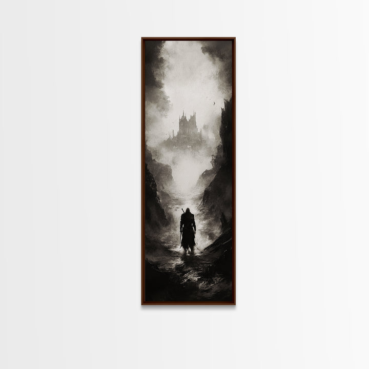 Cloaked Wanderer Approaching Misty Castle Wall Art, Dark Fantasy Print, Gothic Wall Decor, Black And White Landscape Art