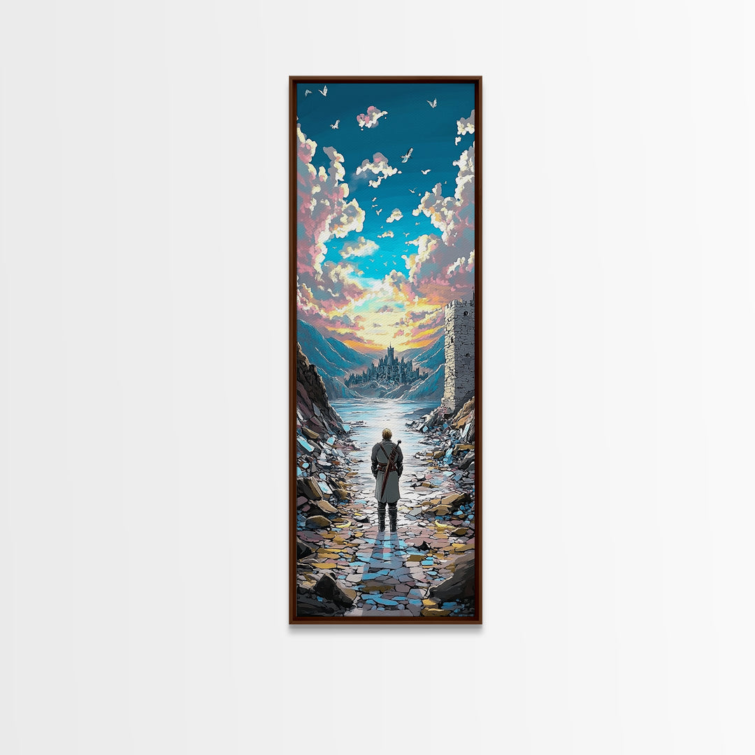 Lone Traveler In Snowy Mountain Valley, Birds And Sunset Fantasy Wall Art, Vertical Canvas Print, Nature Landscape Decor