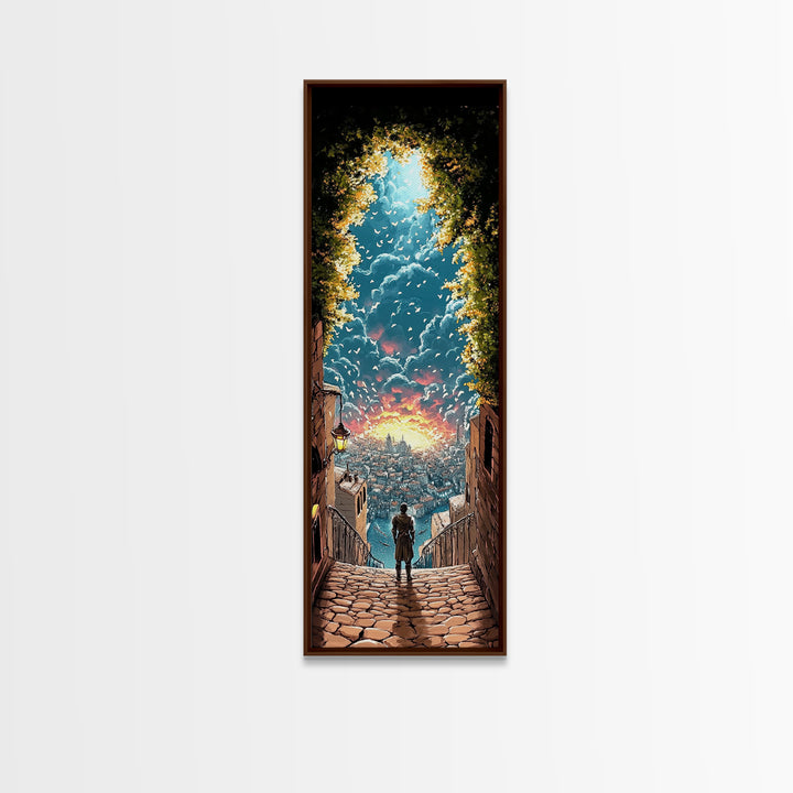Cobblestone Stairway To Glowing Coastal City, Birds And Sunset Canvas Print, Fantasy Wall Art, Travel Inspired Home Decor