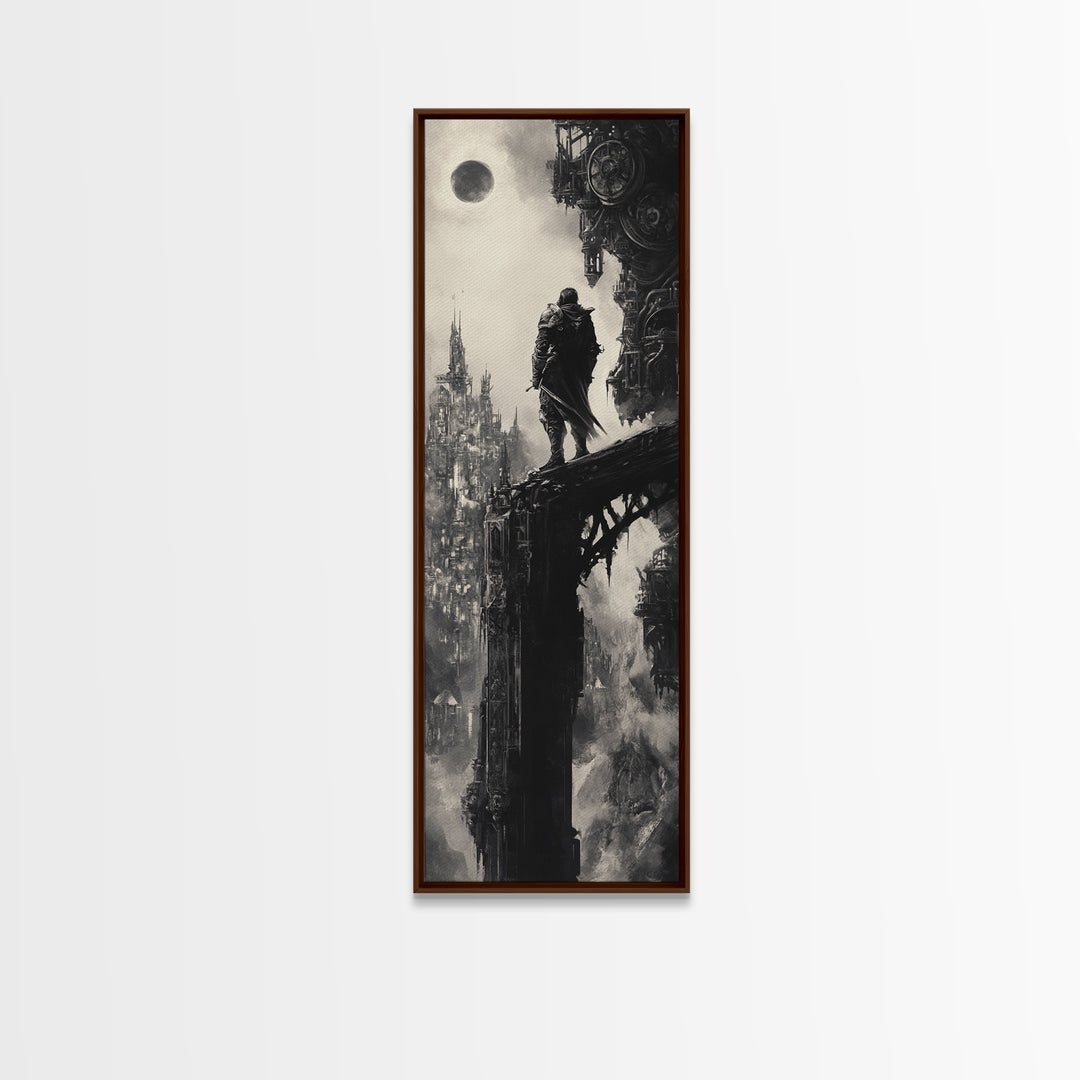 Moonlit Gothic Warrior On Shadow Bridge, Black And White Wall Art, Dark Fantasy Canvas Print, Moody Castle Office Wall Decor