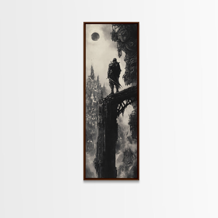Moonlit Gothic Warrior On Shadow Bridge, Black And White Wall Art, Dark Fantasy Canvas Print, Moody Castle Office Wall Decor