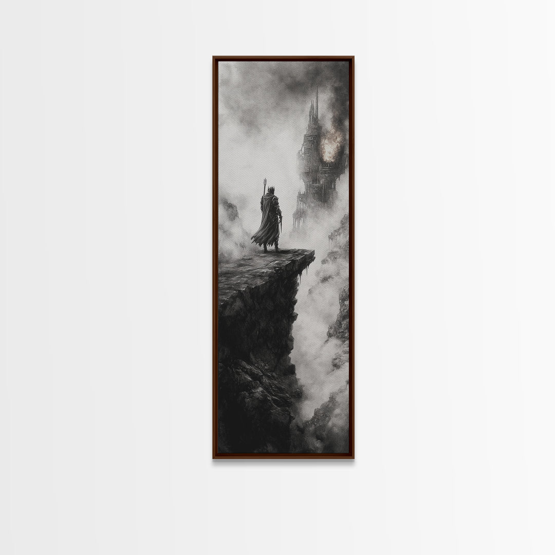 Cloaked Knight On Misty Cliff, Haunted Gothic Castle Framed Canvas Print, Black And White Wall Art, Dark Academia Room Decor