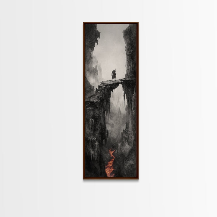 Warrior Above Lava Chasm In Dark Canyon, Black And White Wall Art, Gothic Fantasy Canvas Print, Moody Landscape Home Decor