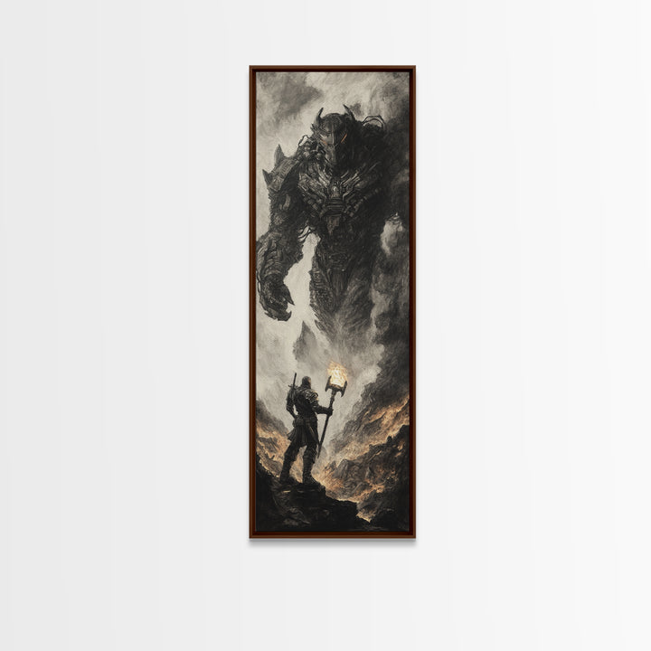 Torch Bearer Facing Colossal Demon, Dark Fantasy Wall Art, Gothic Canvas Print, Dramatic Warrior Statement Artwork Home Decor