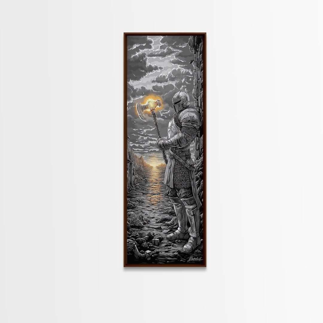 Armored Knight With Glowing Axe On Stormy Shore, Black And White Wall Art, Medieval Fantasy Canvas Print, Masculine Decor