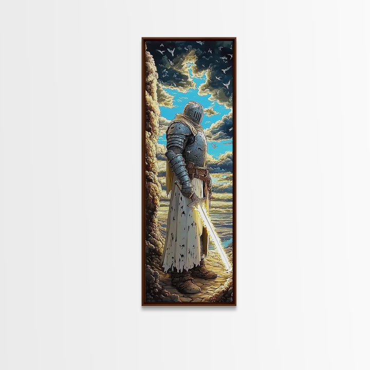 Silver Knight With Glowing Sword By Sea Cliffs, Fantasy Canvas Print, Medieval Wall Art, Dramatic Coastal Home Office Decor