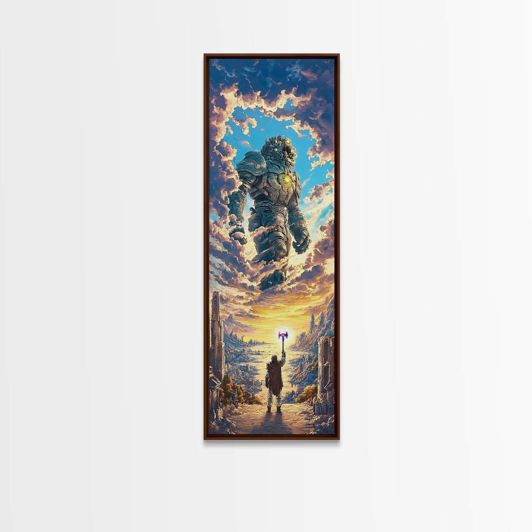 Floating Stone Giant Guardian At Sunset, Fantasy Wall Art, Large Canvas Wall Art, Epic Landscape Print, Gaming Room Decor Gift