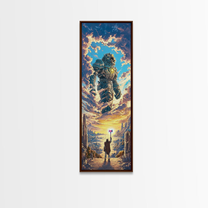 Floating Stone Giant Guardian At Sunset, Fantasy Wall Art, Large Canvas Wall Art, Epic Landscape Print, Gaming Room Decor Gift