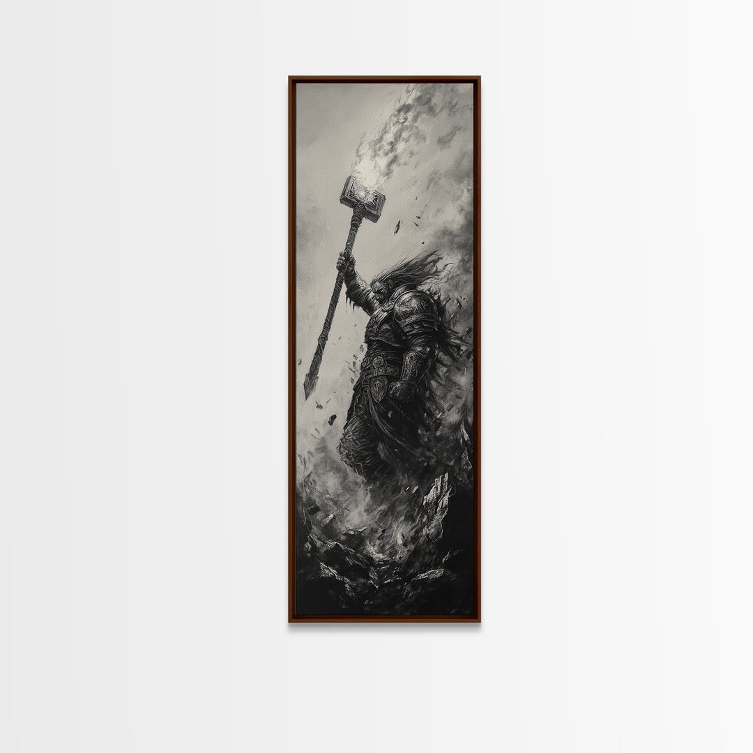 Dark Hammer Warrior In Storm, Black And White Wall Art, Gothic Fantasy Art Print, Medieval Office Decor, Gift For Him, Dark Academia Decor