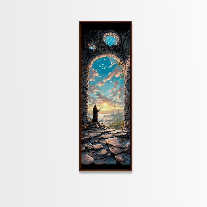 Cloaked Wizard In Ruined Archway At Sunset, Fantasy Wall Art, Medieval Landscape Print, Whimsical Office Decor Gift, Living Room Decor