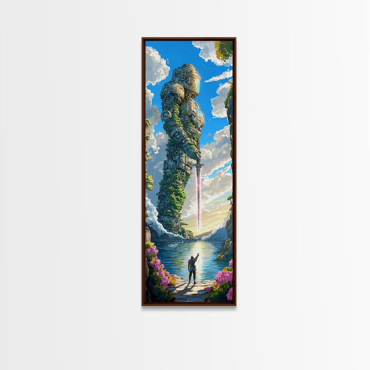 Moss Covered Giant Robot With Pink Sword, Fantasy Wall Art, Japandi Landscape Print, Nature Inspired Living Room Decor Gift