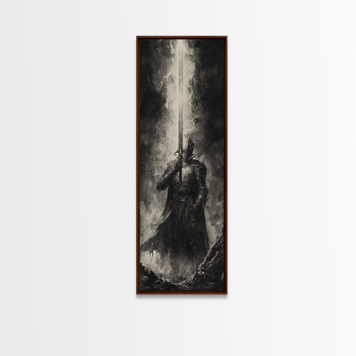 Black And White Knight With Glowing Sword, Dark Fantasy Wall Art, Gothic Canvas Print, Medieval Decor, Masculine Office Art Gift