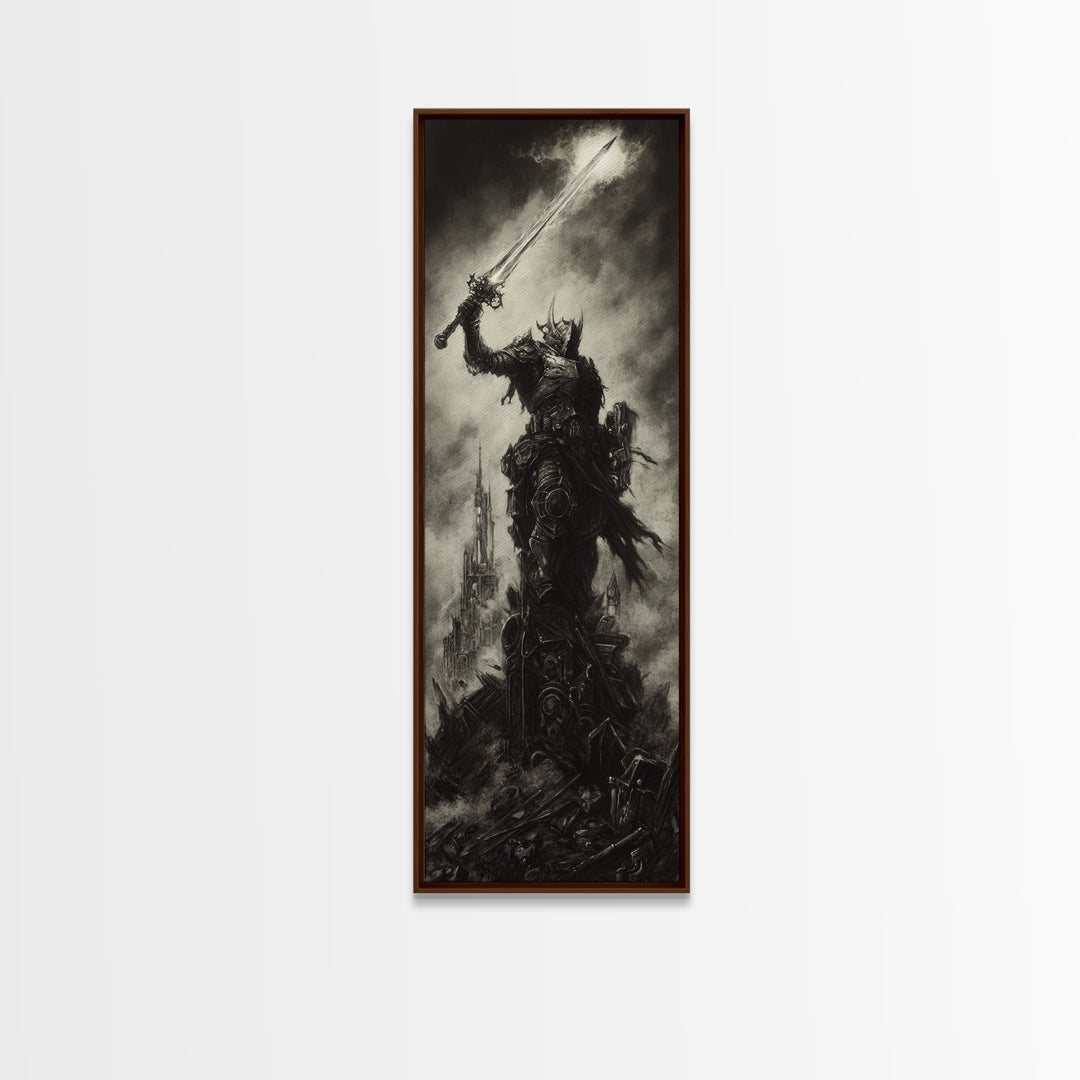 Dark Armored Warrior Raising Sword By Ruined Castle, Gothic Wall Art, Black And White Fantasy Print, Man Cave Decor Gift For Him