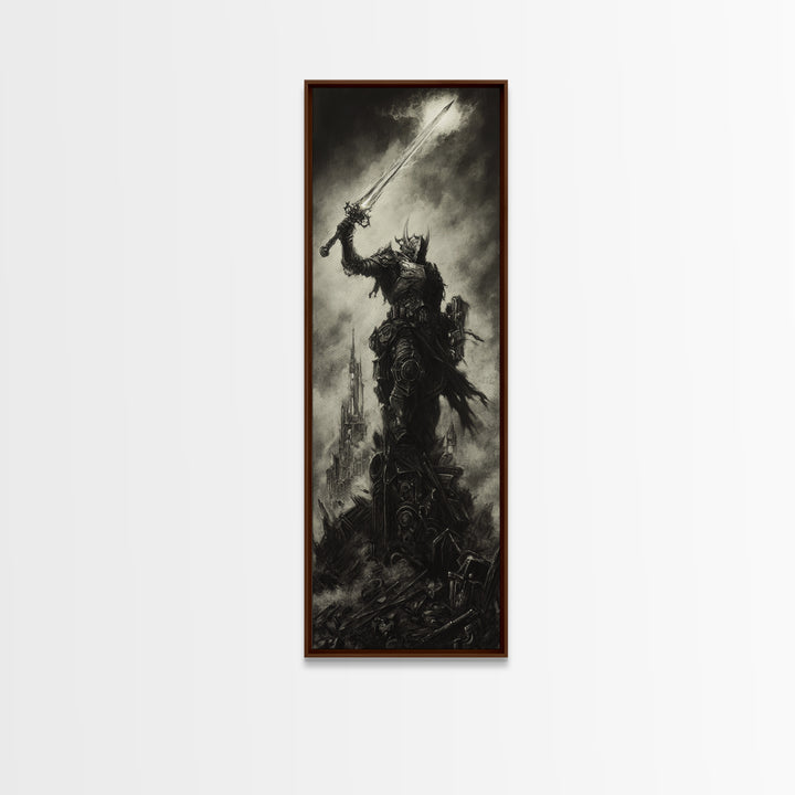 Dark Armored Warrior Raising Sword By Ruined Castle, Gothic Wall Art, Black And White Fantasy Print, Man Cave Decor Gift For Him
